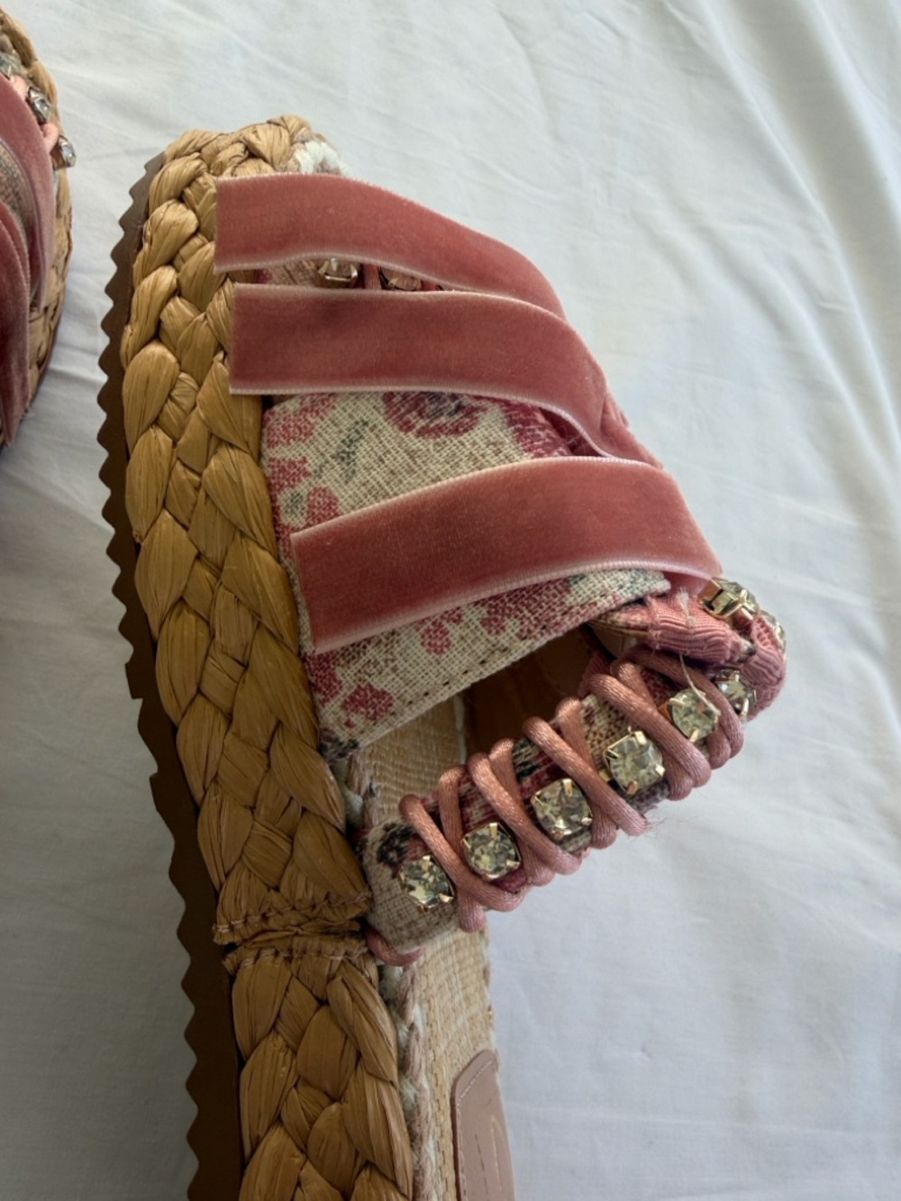 Sam Edelman Wyatt Sz 8 Pink Mixed media ribbon &  Rhinestone Sandals NEW - Picture 12 of 16